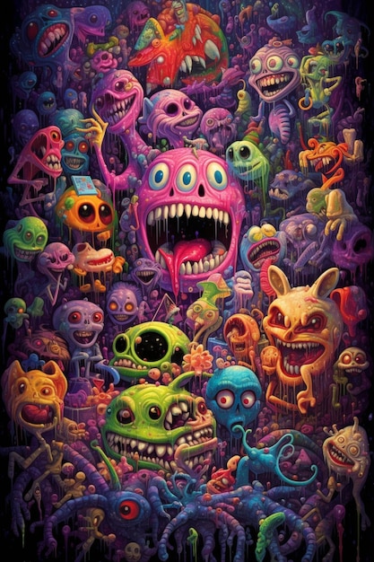 A painting of a bunch of monsters with a large mouth generative ai