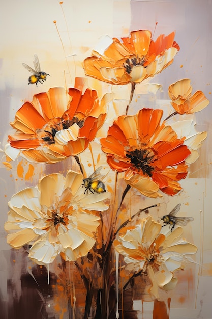 painting of a bunch of orange flowers with bees flying around generative ai