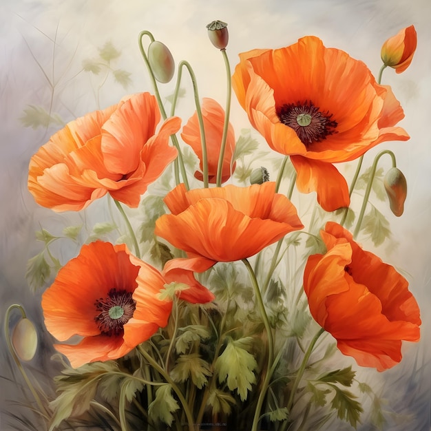 A painting of a bunch of orange flowers