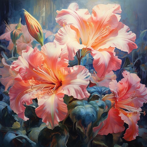 painting of a bunch of pink flowers in a vase on a table generative ai