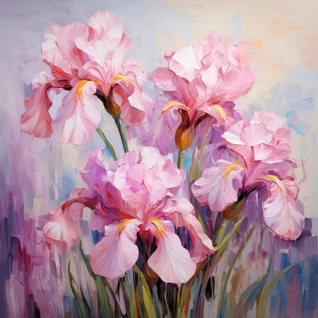 Painting of a bunch of pink flowers in a vase on a table generative ai