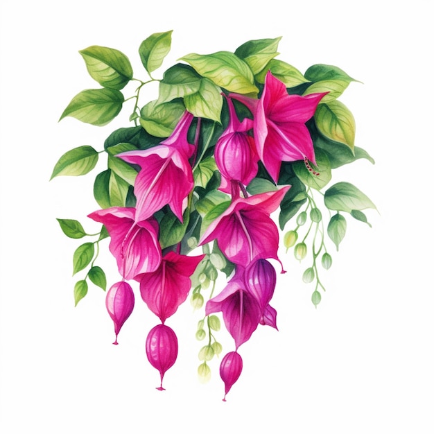 녹색 잎 생성 ai가 있는 분홍색 꽃 다발의 그림