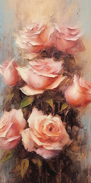 Painting of a bunch of pink roses in a vase on a table generative ai