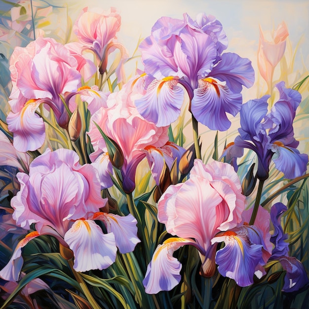 Painting of a bunch of purple and pink flowers in a vase generative ai