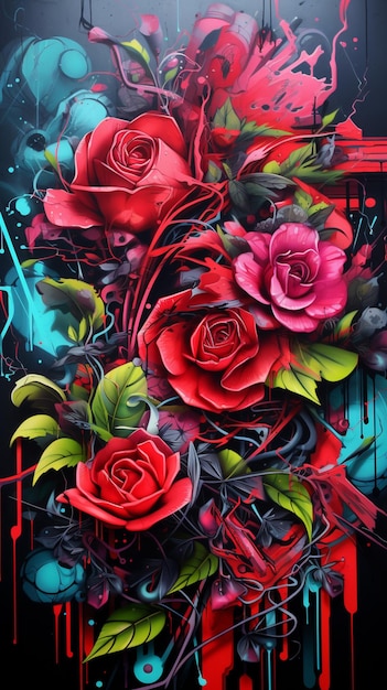 painting of a bunch of red roses with green leaves and music notes generative ai