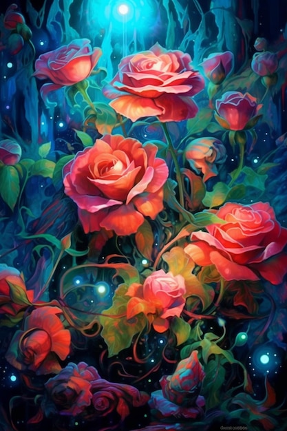 Painting of a bunch of roses with a glowing light in the background generative ai