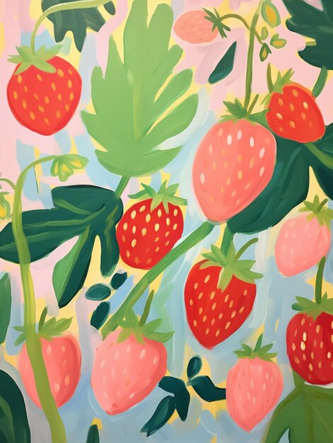 Photo painting of a bunch of strawberries with leaves and flowers generative ai