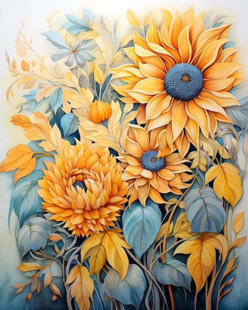 painting of a bunch of sunflowers with leaves and flowers generative ai