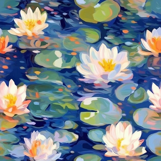 A painting of a bunch of water lillies floating on top of a pond generative ai