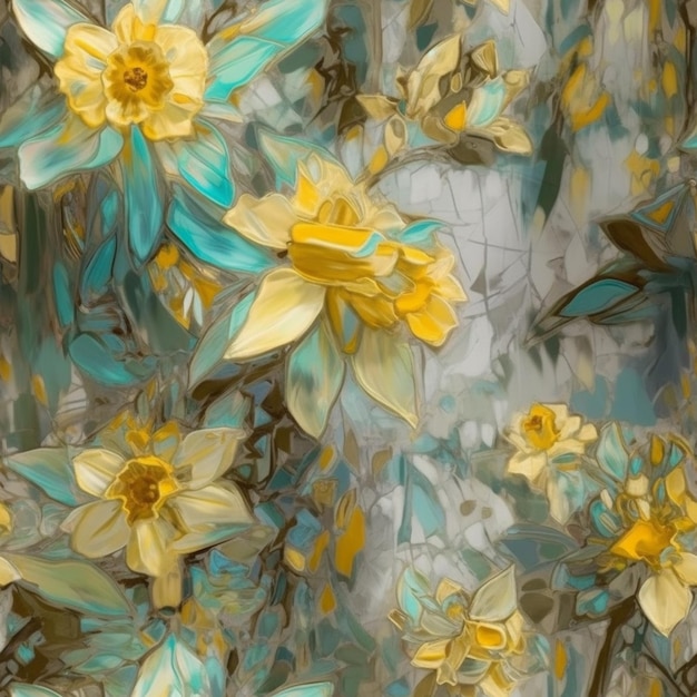 painting of a bunch of yellow flowers with blue petals generative ai