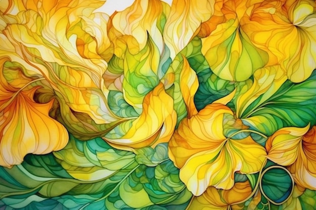 Painting of a bunch of yellow flowers with green leaves generative ai