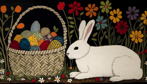 Premium Photo | A painting of a bunny and a basket of easter eggs