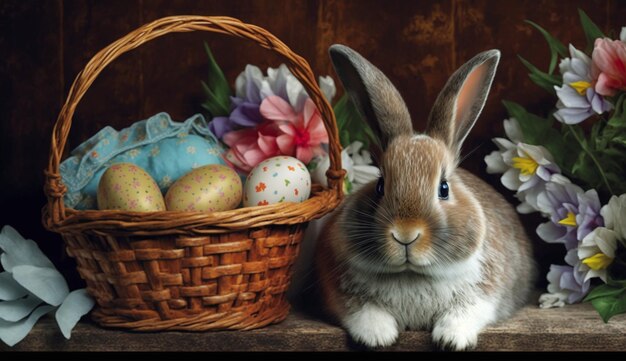 Premium Photo | A painting of a bunny and a basket of easter eggs