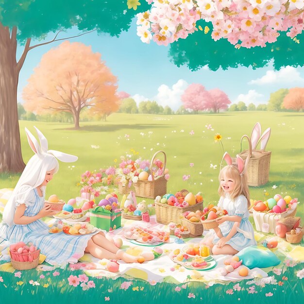 a painting of a bunny and a basket of eggs