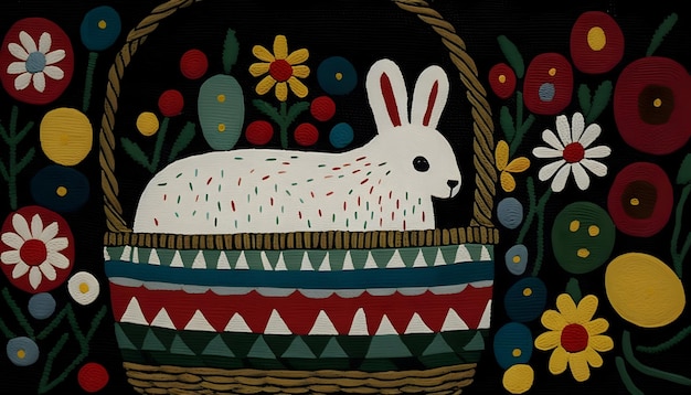 Premium Photo | A painting of a bunny in a basket with flowers and a