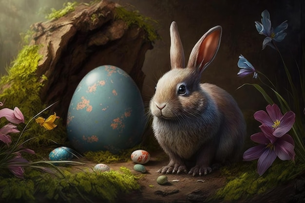 A painting of a bunny and a blue easter egg