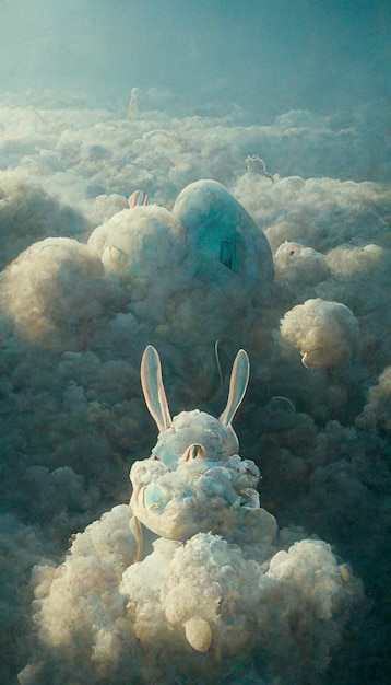 A painting of a bunny in the clouds