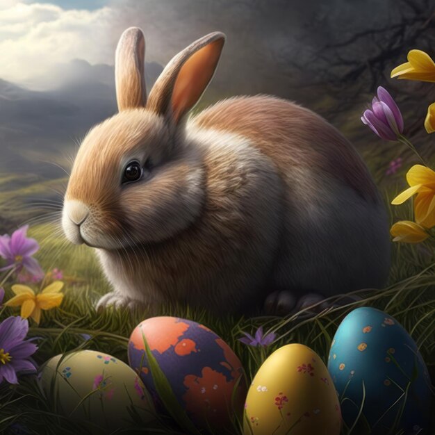 A painting of a bunny and easter eggs