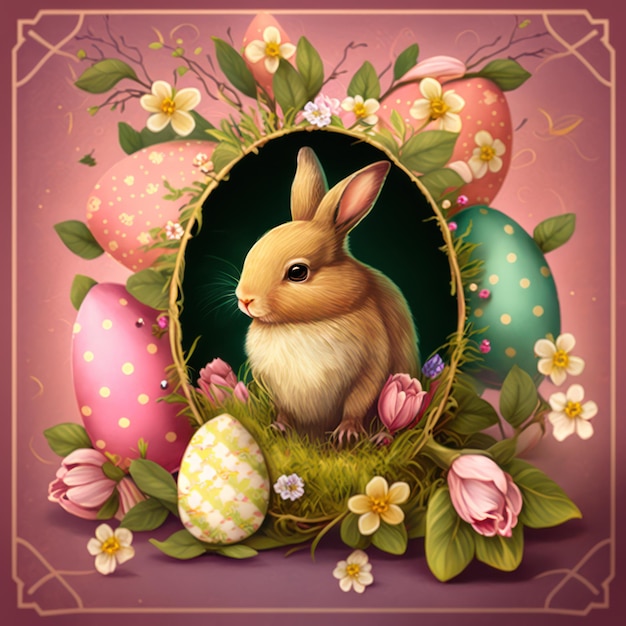 A painting of a bunny and eggs with flowers and a frame that says " easter ".