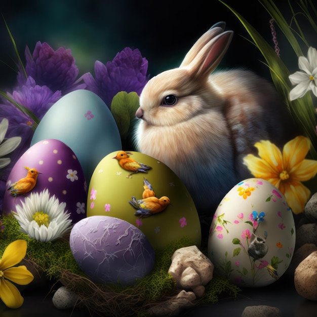 A painting of a bunny and eggs with flowers