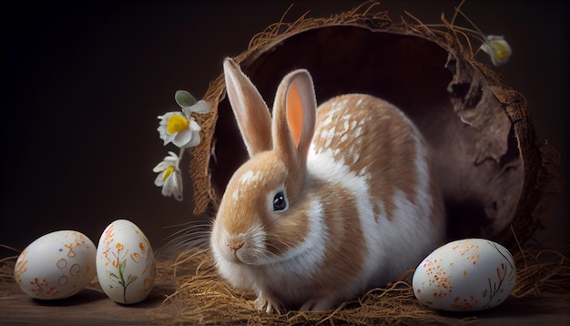 A painting of a bunny and eggs