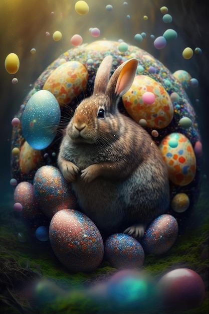 A painting of a bunny and a large egg