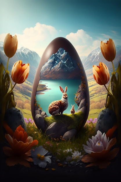 A painting of a bunny and a mountain landscape