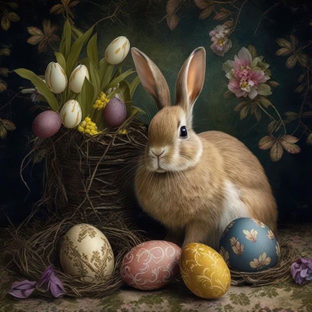 A painting of a bunny sitting next to a basket of easter eggs.