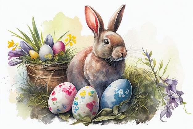 A painting of a bunny sitting in a basket with easter eggs.