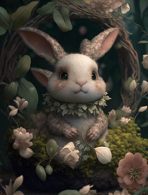 A painting of a bunny sitting in a basket with flowers and leaves.