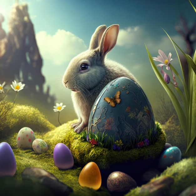 A painting of a bunny sitting in a field with a colorful egg.