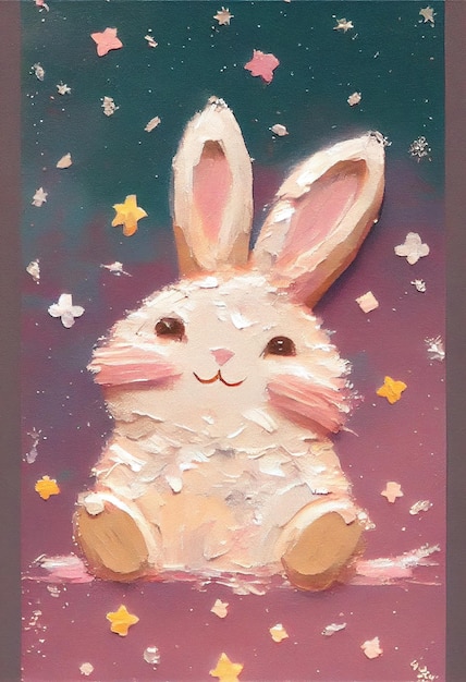 A painting of a bunny sitting on a purple background.