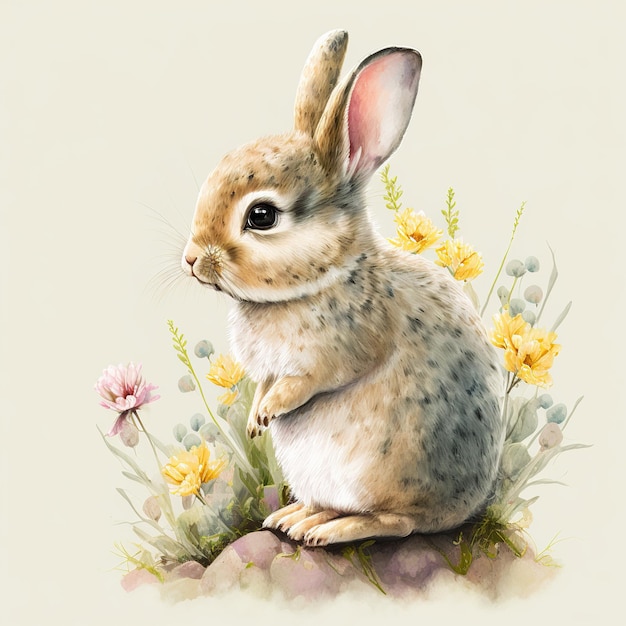 A painting of a bunny sitting on a rock with flowers in the background.