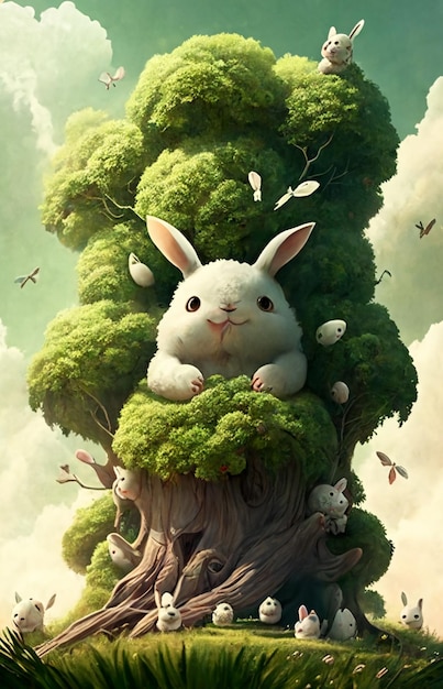 A painting of a bunny on a tree with a forest in the background