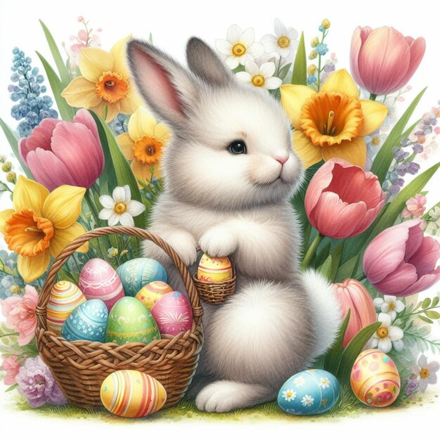 Photo a painting of a bunny with a basket of eggs and flowers