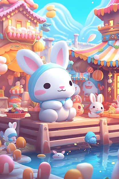 A painting of a bunny with a hat and a candy store in the background.
