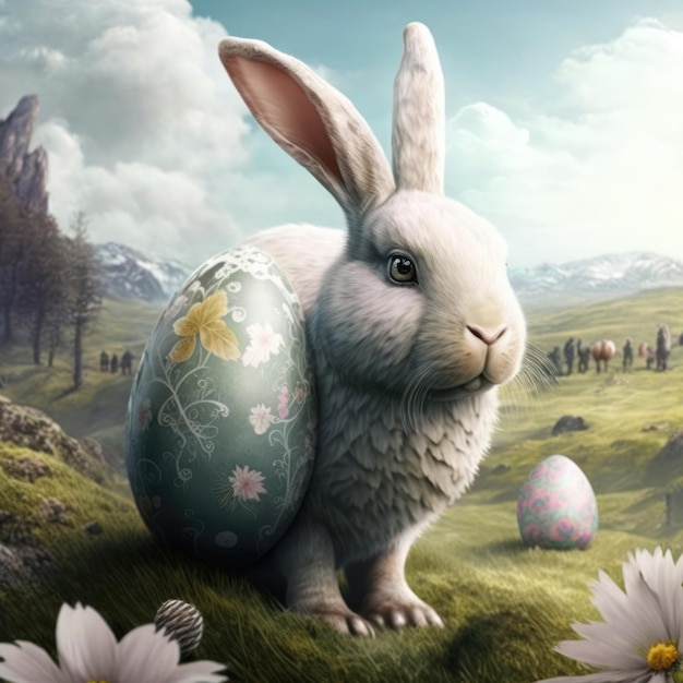 A painting of a bunny with a painted easter egg.