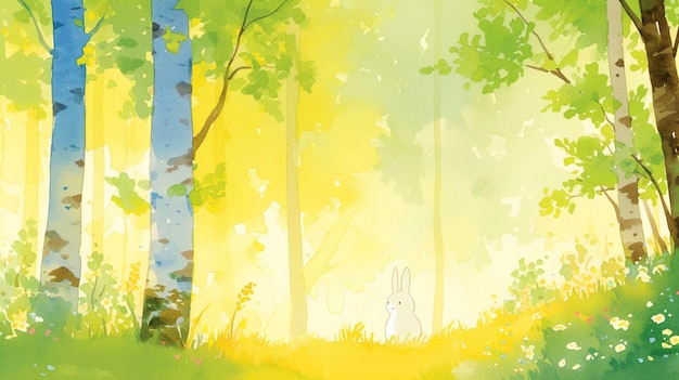 A painting of a bunny in the woods Spring and summer forest background