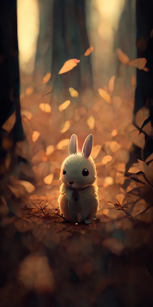 A painting of a bunny in the woods