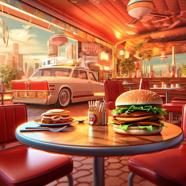 A painting of a burger in a diner with a car in the background.