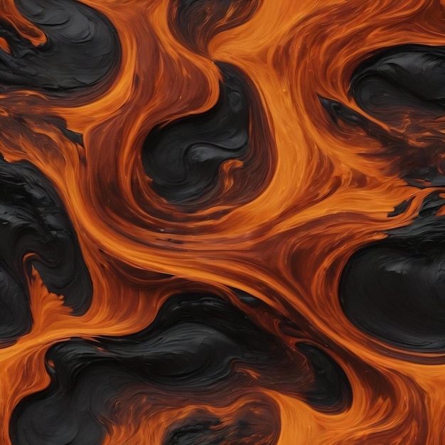 A painting of a burnt orange and black surface with the orange flames