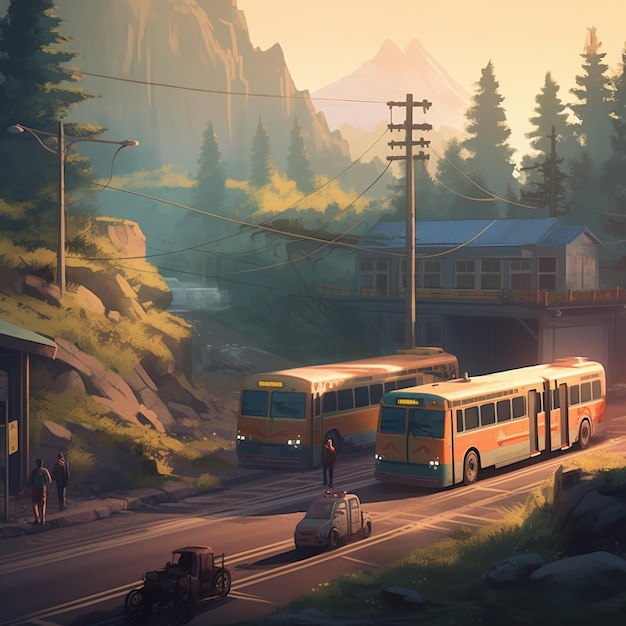 A painting of a bus on a road with a mountain in the background.