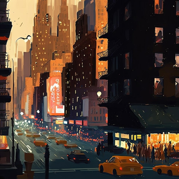 A painting of a busy city street with a building that says " fast food ".