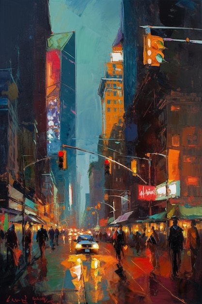 A painting of a busy city street with a red sign for a p. s.