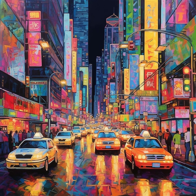 A painting of a busy city street with a sign that says " new york ".