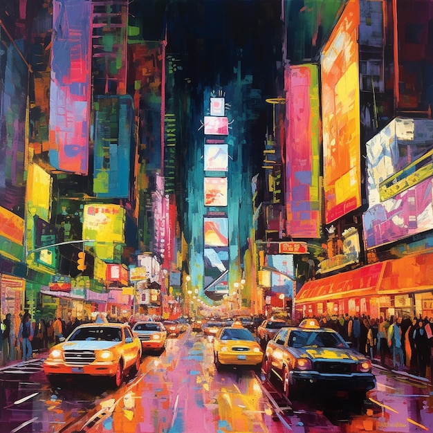 A painting of a busy street with a billboard for the times square.