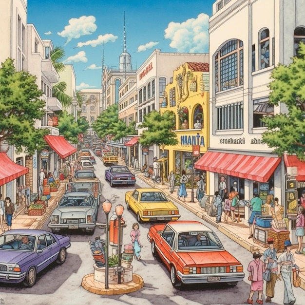 Painting of a busy street with cars and people walking on the sidewalk generative ai