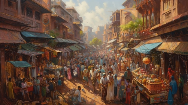 A painting of a busy street with people walking and selling goods.