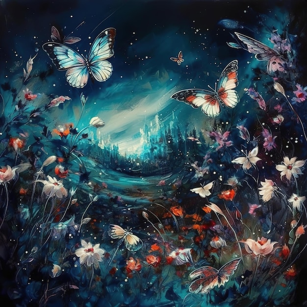 A painting of butterflies in a field of flowers