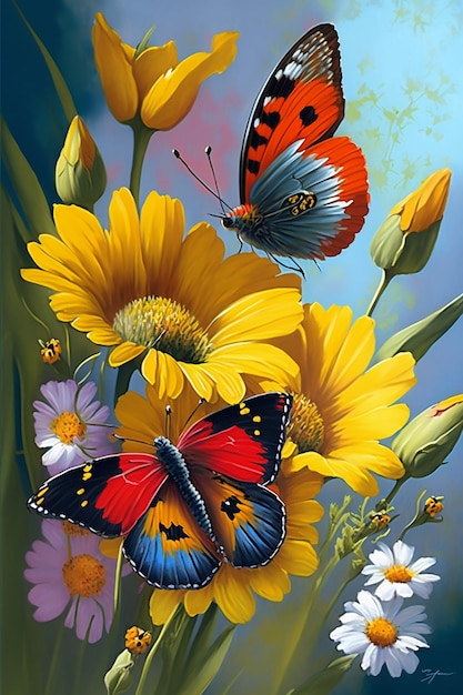 A painting of butterflies on a flower with a blue butterfly on the right.